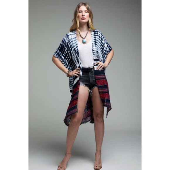 SOLD OUT Indigo Tie Dye Jacquard Ethnic Boho Bohemian Motif Open Kimono Wrap - Picture 6 of 7
